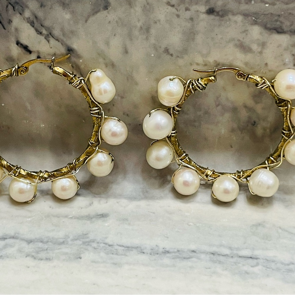 Handmade Pearl Hoop Earrings Gold Tone Artisan Wire Wrapped Statement Jewelry - Picture 9 of 14